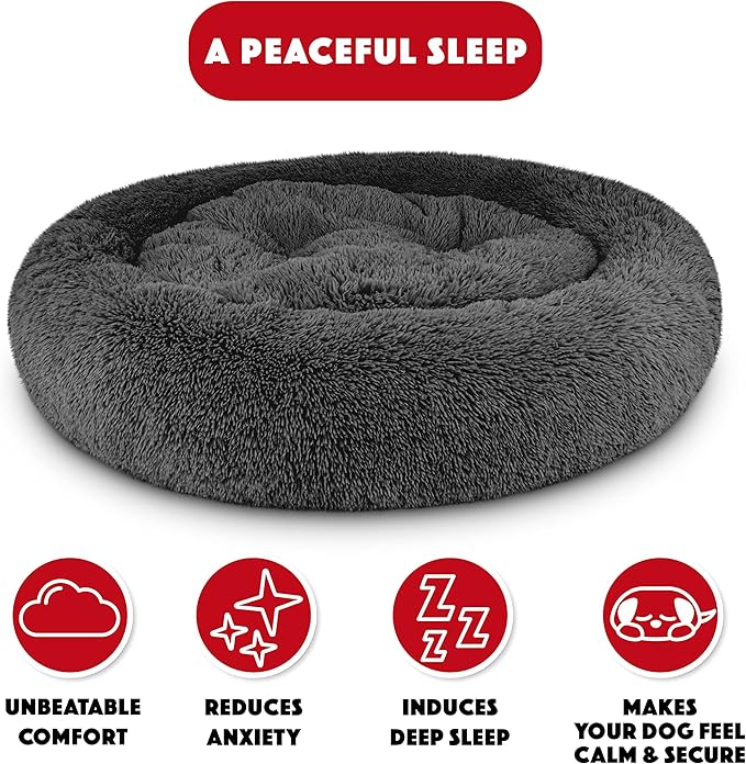 The Dog’s Bed Sound Sleep Donut Dog Bed, XL Steel Grey Fur Calming Nest Bed Removable Cover