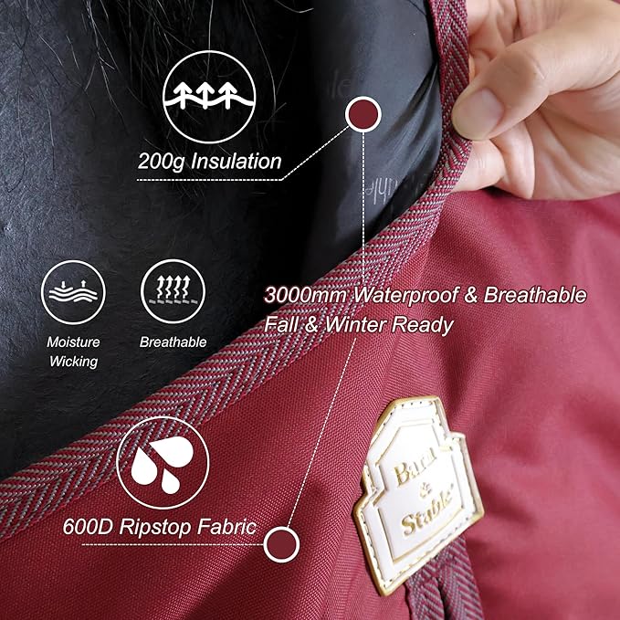 BARN & STABLE 600Denier 3000mm/3000mvp Super Waterproof & Breathable Horse Blankets for Winter with 200g Fill