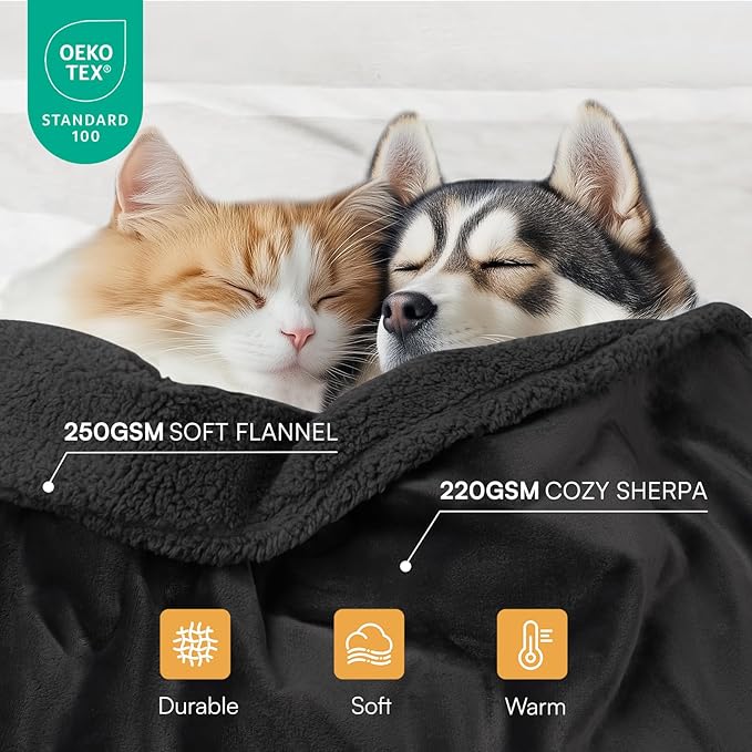 Luciphia Waterproof Pet Blanket, Liquid Pee Proof Dog Blanket for Sofa Bed Couch, Reversible Sherpa Fleece Furniture Protector Cover for Small Medium Large Dogs Cats, Black Queen Size（90" x 82"）