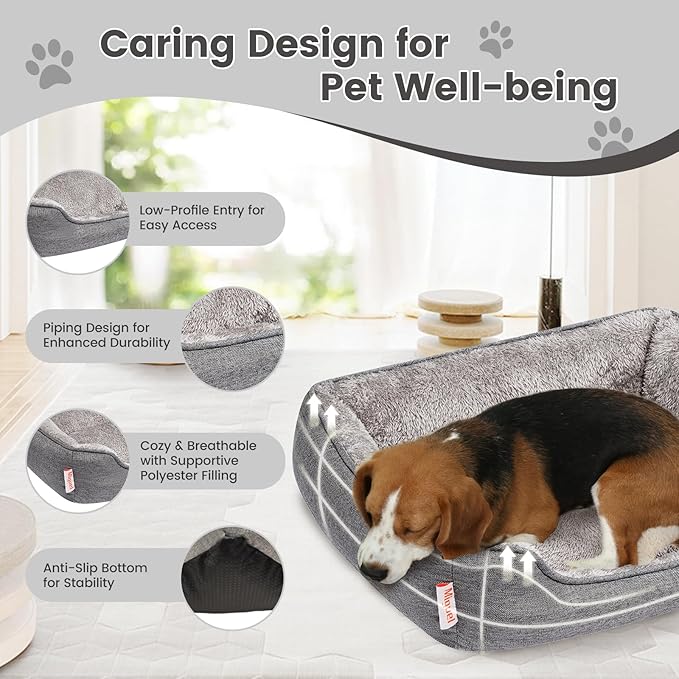 Miguel Faux Linen Dog Bed with Removable Cushion Pillow for Medium Small Dogs, Washable Pet Bed with Side Easy to Wash Puppy Bed, Rectangle Cat Bed for Indoor Cat with Anti-Slip Bottom, Gray 35 Inch