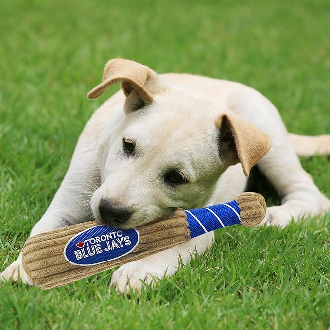 MLB Toronto Blue Jays Baseball Bat Toy for DOGS & CATS. Soft Corduroy Plush Dog Toy with Inner SQUEAKER, MLB Chew Toys for Dogs or Cats. Durable Fun Interactive Dog Toy with Team Names and Logo