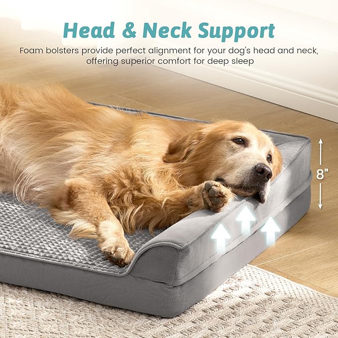 Dog Beds for Extra Large Dog, XXL Bolster Pet Couch with Waterproof Lining, Egg Crate Foam Sofa for Pets Up to 150 lbs, U-Shaped, 48x35x8 inch, Grey