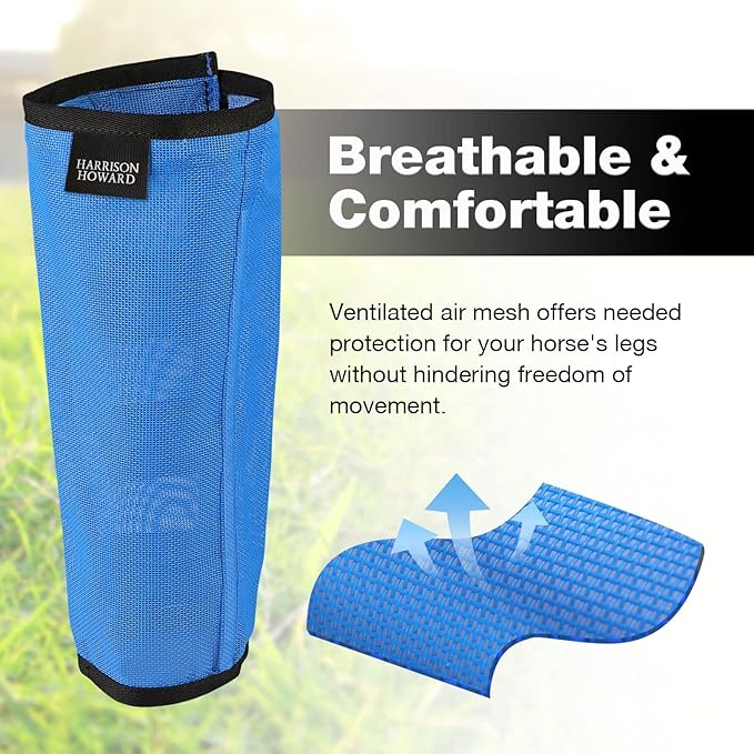 Harrison Howard Loose Fitting Fly Boots UV-Protective Extra Tough Mesh Ventilated Four Fasteners Stay-on Design Protect Horse Legs & Stomp-Reducing Set of 4 Sky Blue Pony
