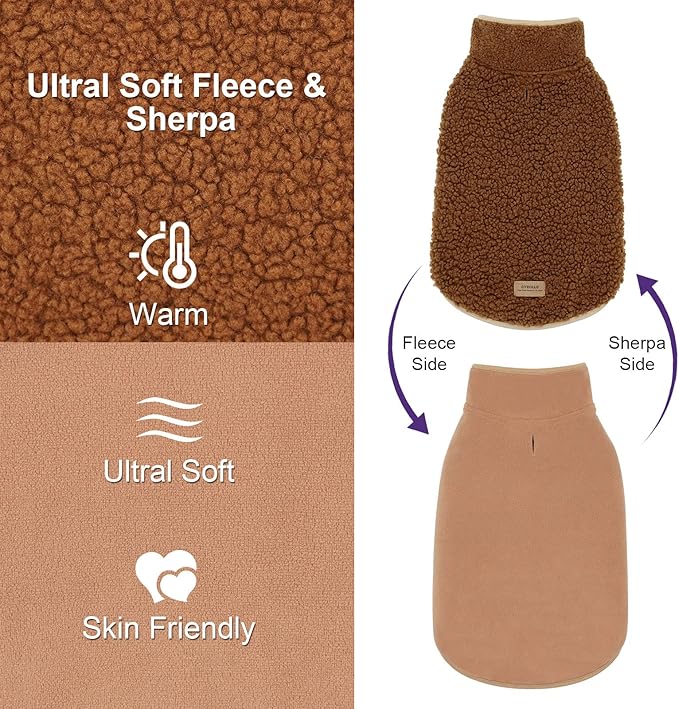 cyeollo Reversible Dog Coat Thick Turtleneck Fleece Furry Clothes Doggie Jacket for Cold Weather Winter Warm Dog Coats for Small Dogs Apparel Brown, S