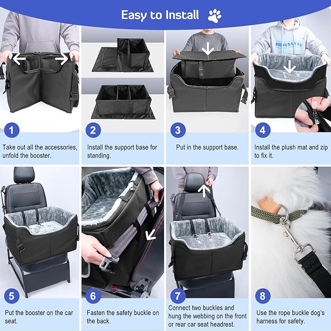 INFANZIA Dog Booster Car Seat for Small Medium Dogs, Elevated Pet Car Seats with Safety Leash for Pets Under 45Lbs, Washable Lookout Puppy Travel Seat with Storage Pockets (Medium, Black)