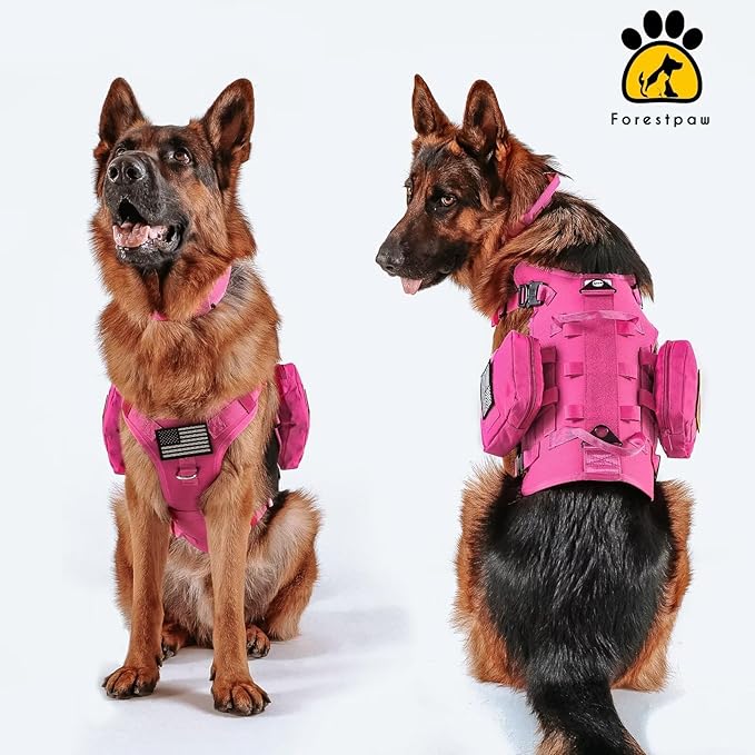 Forestpaw Pink Tactical Dog Harness for Large Dogs,Tactical Dog Collar with Bungee Leash Set,No Pull Military Dog Harness for Walking Training,Adjustable for Medium Large Dogs,Chest 21.5-45"