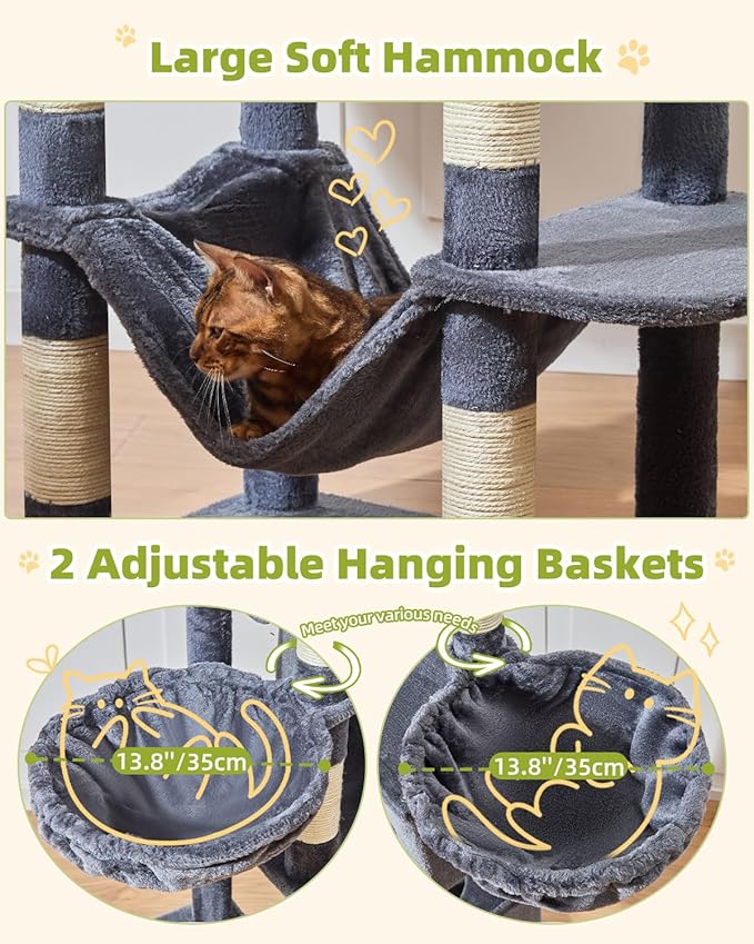 Taoqimiao Tall Cat Tree, 76-Inch Cat Tower with Scratching Posts，Sturdy Cat tree for Indoor Cats Large Adult with 2 Condos, 2 Perches, 2 Hanging Baskets, Hammock, 8 Scratching Posts, MS046G Smoke Gray