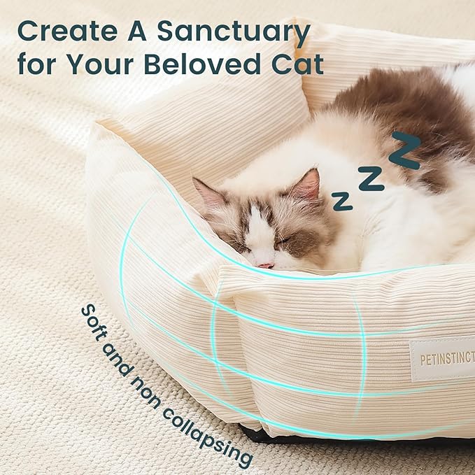 Large Cat Bed, Washable Orthopedic Cat Beds for Indoor Cats, Soft Donut Calming Dog Bed for Small Medium Dogs with Anti Slip Bottom, Cute Kitten Bed, 29.5x29.5x7.9 in, Cream White