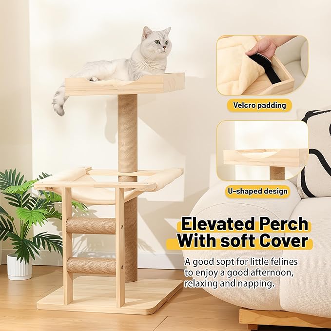 KVIDA Wooden Cat Tree for Large Cats – 35" Extra-Stable 3-Level Tower with Hammock, Oversized Perch & Thick Sisal Posts, Modern Solid Wood Cat Furniture for Indoor Multi-Cat Homes