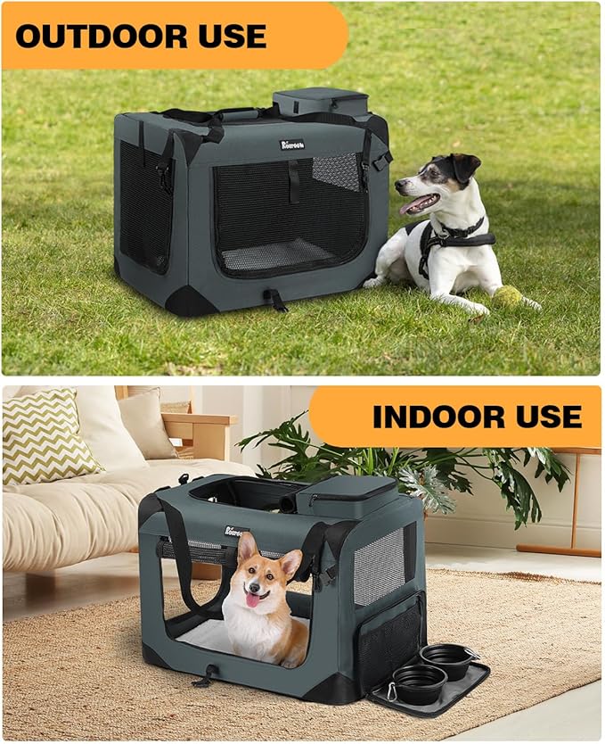 Extra Large Dog Crate with 2 Foldable Bowl, 28 Inch Collapsible Travel Dog Crate Kennel with Soft Blanket for Medium Dogs,Indoor & Outdoor (28" L x 20" W x 20" H, Grey)