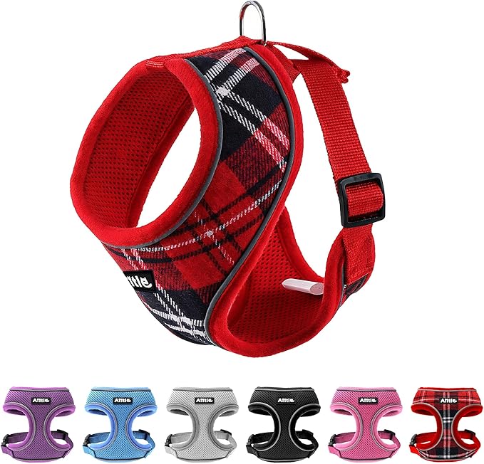 AIITLE Christmas Dog Walking Harness, Soft No-Pull Design, Reflective and Breathable 3-Layer Plaid Mesh for Medium Dogs, Adjustable Fit for Hiking, Training – Fits Pugs, Bichon Frise (XL, Red)