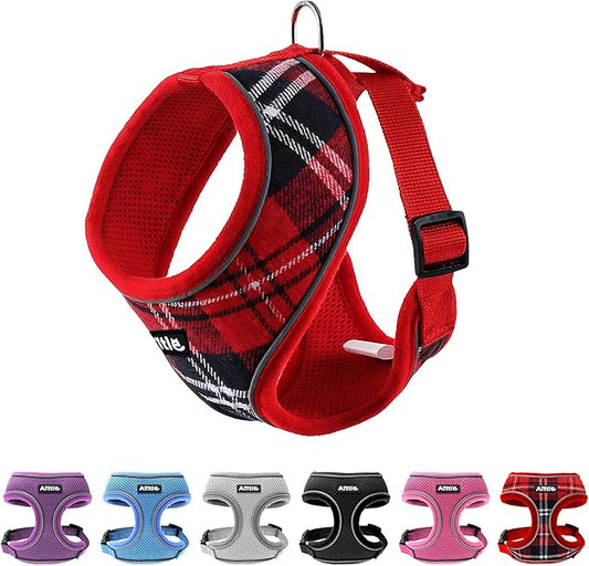 AIITLE Small Dog Harness, Triple-Layer Breathable Plaid Mesh, Adjustable Fit & Reflective Design, Choke-Free Over-The-Head Vest for Indoor/Outdoor Use, Perfect for Maltese, Chihuahua (S, Red)