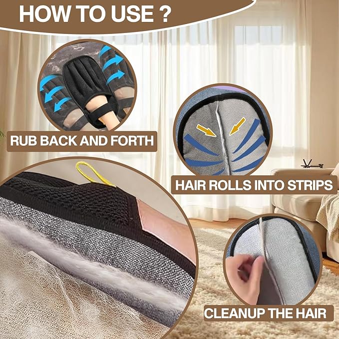 Pet Hair Remover Glove - Reusable Electrostatic Five-Finger Gloves for Cat/Dog Hair Removal on Furniture, Carpet & Clothes (2PCS)