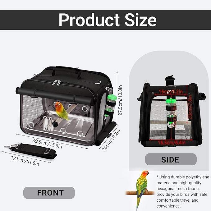 Sanmoncare Airline Approved Bird Carrier, Indestructible Stainless Steel Mesh Parrot Travel Cage, Cockatiels Travel Carrier Lightweight and Portable with Water Bottle and Bowl