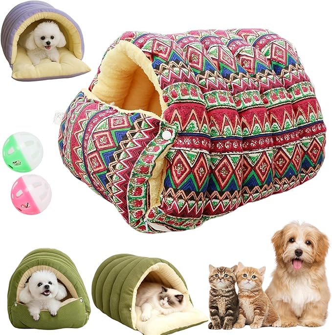 Expectation Cat Bed, Removable and Washable Winter Closed-Off Cat Bed, Soft Fluffy Warm Autumn/Winter Cats House, Washable Non-Slip Pet Sleeping Bag for Indoor Cats Small Dogs (I,Large)