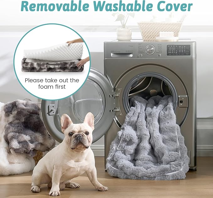 Faux Fur Orthopedic Dog Bed, Pet Couch for Medium Dog, Big Supportive Foam Bolster Sofa with Waterproof Lining Cover, Anti-Slip, Soft, Warm, Washable, C-Shaped, 30x20x6.5 inch, Tie-dye Grey