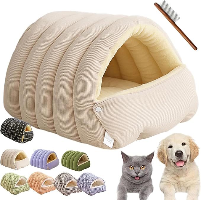 CutyPet Winter Cave,Warmth Cozy Comfort Plush Pet Cave,Cute Cozy Safe Hideaway Cat Bed with Removable Cushion,Warm Soft Removable Washable for Cats and Dogs (Beige, L:22.44 * 14.56 * 11.02 in)