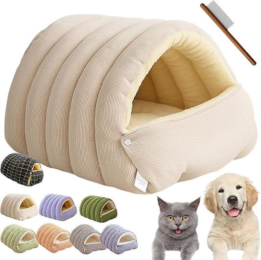 CutyPet Winter Cave,Warmth Cozy Comfort Plush Pet Cave,Cute Cozy Safe Hideaway Cat Bed with Removable Cushion,Warm Soft Removable Washable for Cats and Dogs (Beige, L:22.44 * 14.56 * 11.02 in)