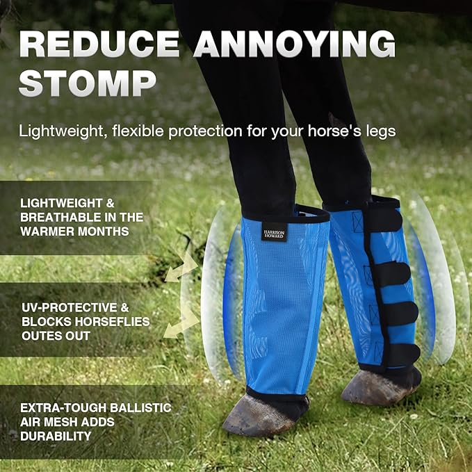 Harrison Howard Loose Fitting Fly Boots UV-Protective Extra Tough Mesh Ventilated Four Fasteners Stay-on Design Protect Horse Legs & Stomp-Reducing Set of 4 Sky Blue Small