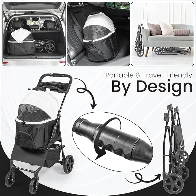 3-in-1 Foldable Pet Stroller for Dogs and Cats up to 33lbs Capacity – Premium Dog Stroller with Removable Carrier Storage Basket, All-Terrain Wheels, Sun Shades and Car Seat