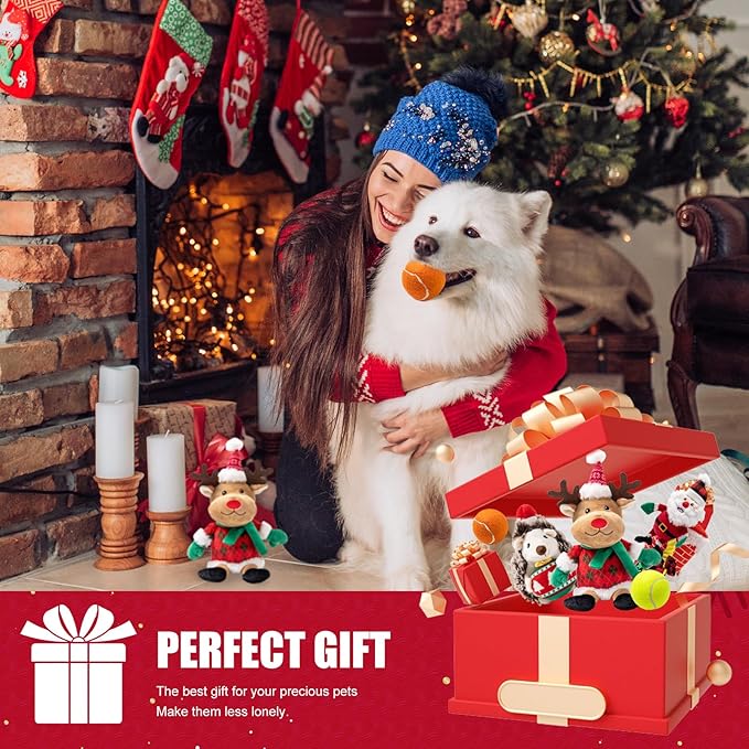 Christmas Dog Toy Set, 5 Pack Plush & Balls with Gift Bag – Reindeer, Santa, Hedgehog & Tennis Balls, Squeaky Durable Toys for Small Medium Dogs, Holiday Pet Gift Bundle