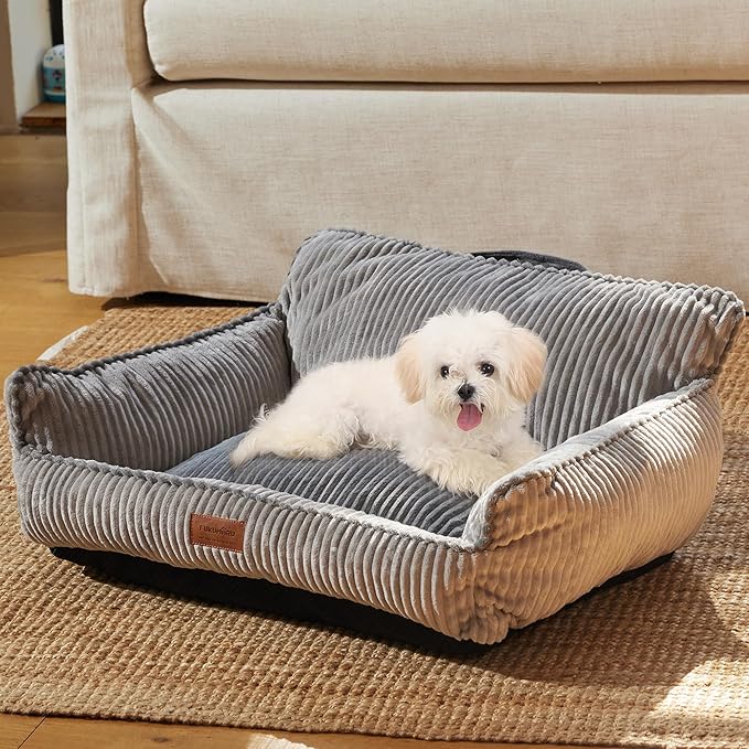 FUKUMARU Dog Couch Bed, Fluffy Corduroy Cat Beds for Indoor Cats with Washable Cover, Waterproof Small Dog Sofa Beds with Portable Handle and Anti-Slip Bottom, Pet Beds & Furniture 28inch, Grey