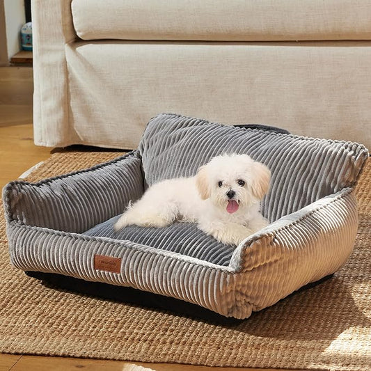 FUKUMARU Dog Couch Bed, Fluffy Corduroy Cat Beds for Indoor Cats with Washable Cover, Waterproof Small Dog Sofa Beds with Portable Handle and Anti-Slip Bottom, Pet Beds & Furniture 28inch, Grey
