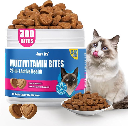 Just Try 23 in 1 Cat Vitamins Bites - Cat Treats for Immune, Skin & Coat & Heart Health - Multivitamin, Taurine, Omega 3, Biotin, Lysine for Cats - Daily Supplements for Indoor Cats (300 Bites)