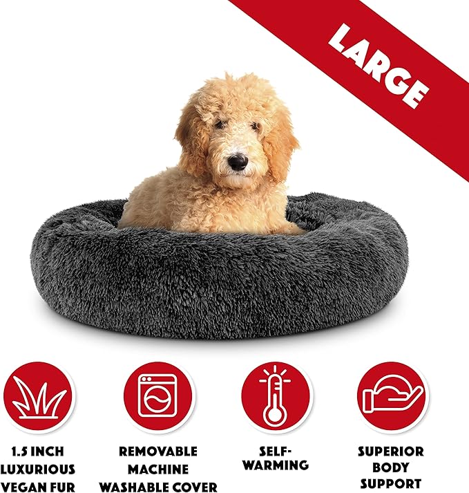 The Dog's Balls Sound Sleep Donut Dog Bed, Grey Plush Large Removable Cover Calming Nest Bed