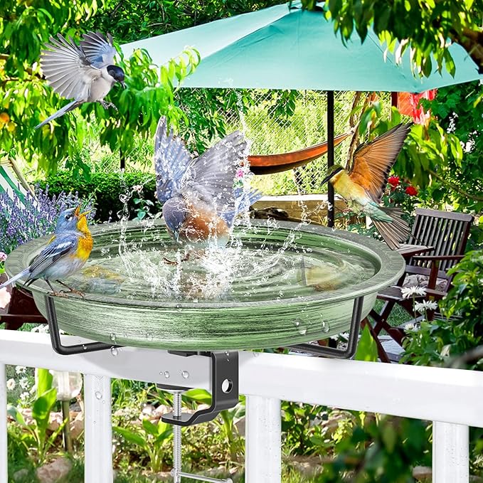 Deck Mounted Bird Bath for Outside, Detachable Birdbath Bowl with Sturdy Clamp, Outdoor Bird Baths Bowl for Attracting Birds Garden Yard Decor (Retro Green)