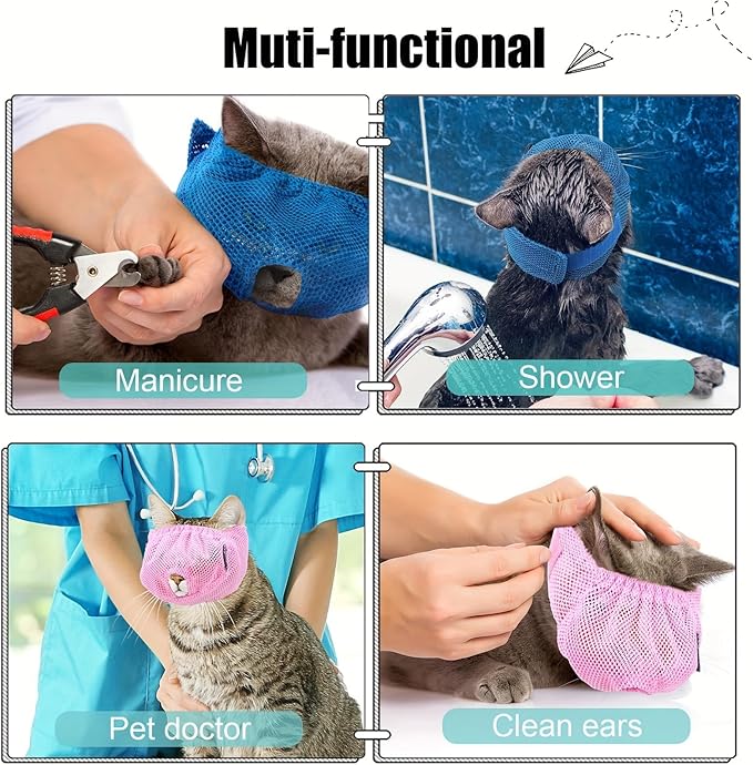 Anti-Bite Cat Mask, Soft, Secure Closure, Machine Washable - for Grooming, Vet Visits, Bath Time, Prevents Biting During Nail Trimming, Cleaning (Blue,Pink,Gray, 3-Piece Set)