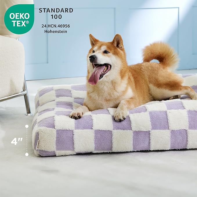 LE SURE Dog Beds Large Sized-Thick Shredded Chopped Foam Pet Bed Indoor with Removable Cover, Cute Modern Fuzzy Plush & Anti Slip Bottom, Purple