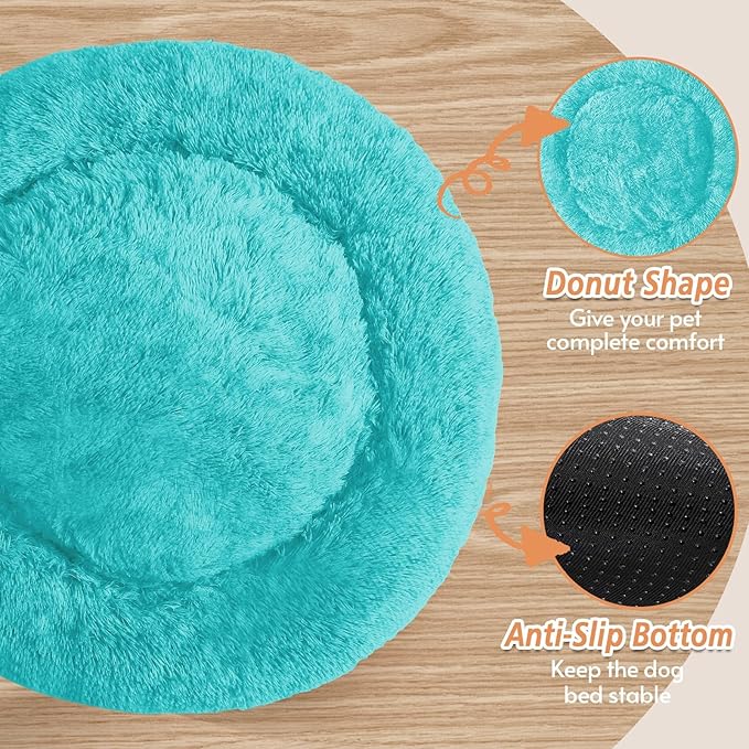 JOLLYVOGUE Calming Dog & Cat Bed for Small Dogs, Anti-Anxiety Donut Cuddler Cozy Soft Round Bed with Anti-Slip Bottom, Fluffy Faux Fur Plush Cushion Beds for Small Medium Pets (23")