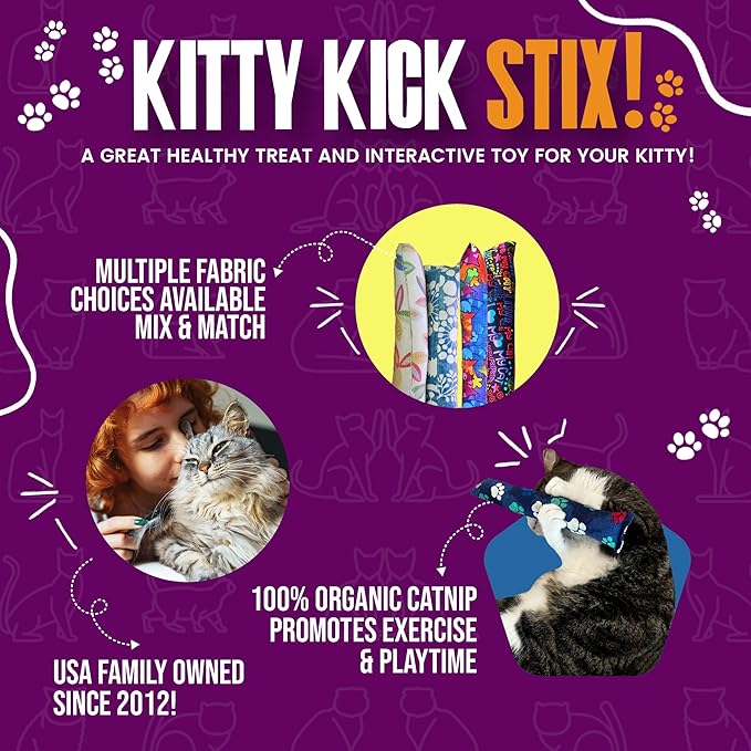 Cat Kicker Toys – 15" Set of 2, Durable Cat & Kitten Kick Sticks with 100% Potent Catnip. Handmade in USA. Encourages Exercise & Interactive Play for Indoor Cats of All Breeds. (Mystery Choice)