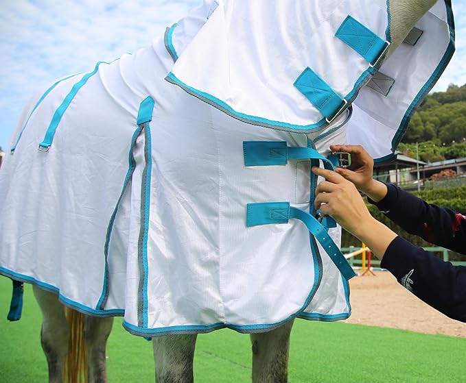 Horse Fly Sheet with Detachable Neck Cover & Belly Wrap, Adjustable Fly Sheet for Horses, Ventilated Airflow Mesh Equine Cooling Summer Flysheet White 78