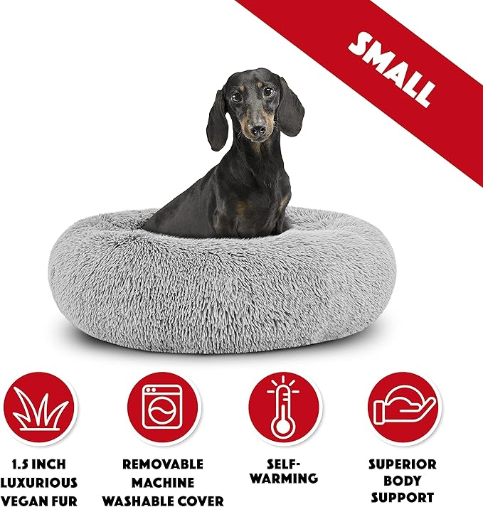 The Dog’s Bed Sound Sleep Donut Dog Bed, Small Silver Grey Fur Calming Nest Bed