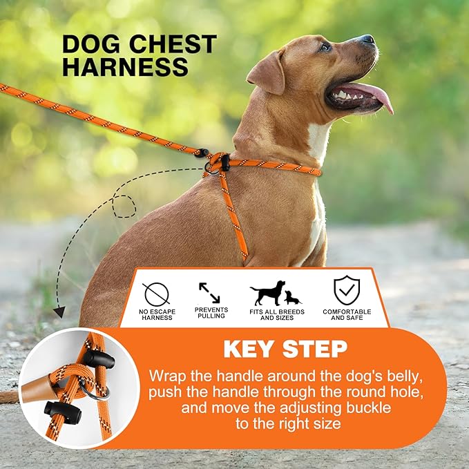Lynxking No Pull Rope Dog Harness No Pull Reflective Leash Harness Collar 3 in 1 Dog Halter Harnesses Adjustable for Large Giant Dog (Orange, Large 1/2 inch)