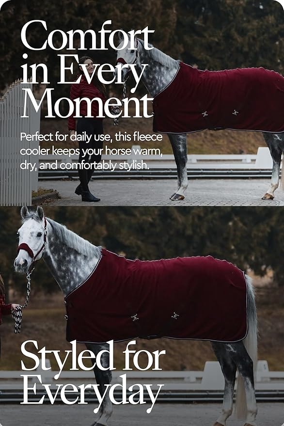 HORZE Kiel Fleece Horse Cooler Blanket | Quick-Dry Fleece Horse Cooler Sheet with X-Surcingles & Tail Cord - Dark Red - 66 in