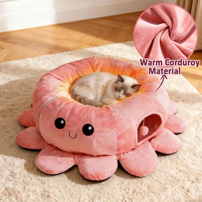 Cat Tunnel Bed with 20 Cat Toys, Collapsible Play Tunnel for Indoor Cats, Kitten Toys for Indoor Kittens, Octopus Shaped