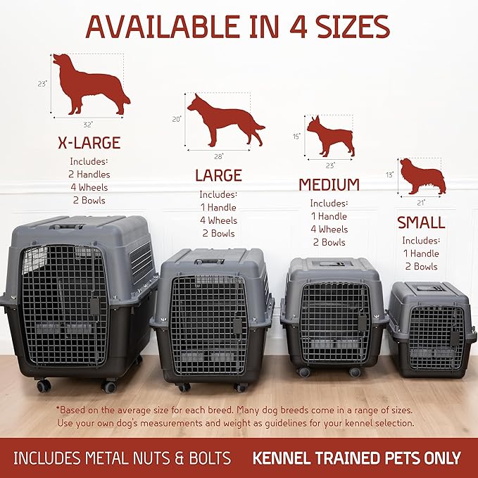 SportPet Airline Approved Wire Door Travel Dog Crate, Durable Plastic Pet Travel Kennel with Removable Wheels,Collapsible, Food Bowls & Accessories, Fits Dogs up to 24" L & 16" H - Medium -Gray/Black