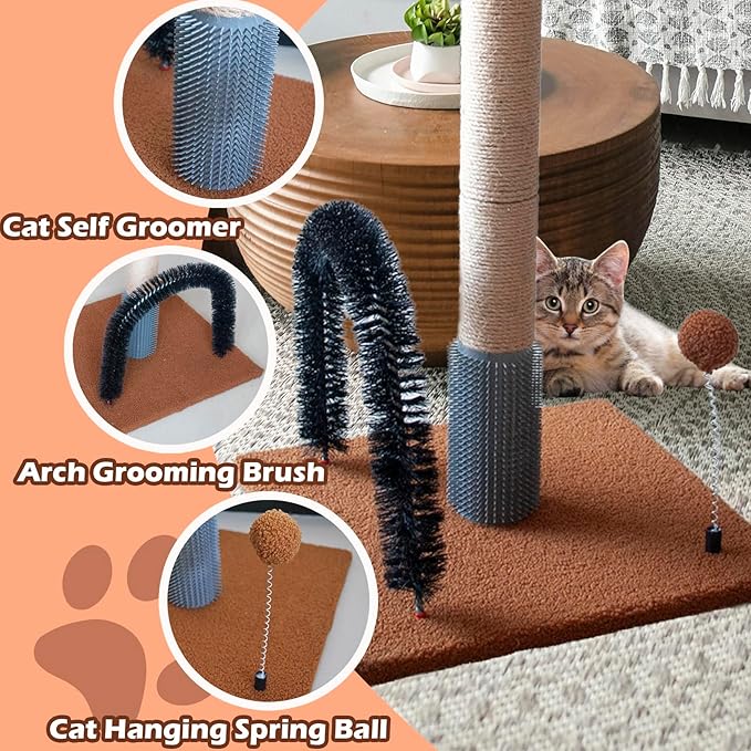 29.5 Inches Tall Cat Scratching Post with Arch Self Groomer Hanging Spring Balls,Brown Palm Sisal Cat Tree Kitty Activity Center for Adults Cats Kitten Indoor Cats