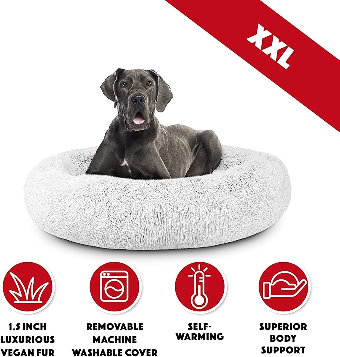 The Dog’s Bed Sound Sleep Donut Dog Bed, XXL Ice White Fur Calming Nest Bed Removable Cover