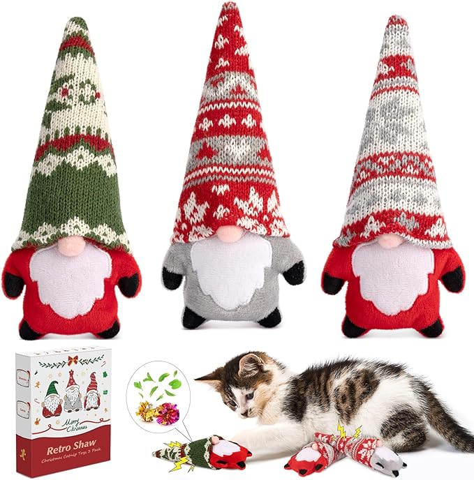 Retro Shaw Christmas Cat Toys, Xmas Catnip Toys for Indoor Kitten Kitty, Safe Kitten Teeth Cleaning Toy, Interactive Cat Chew Kitty Kicker Toy Santa Claus