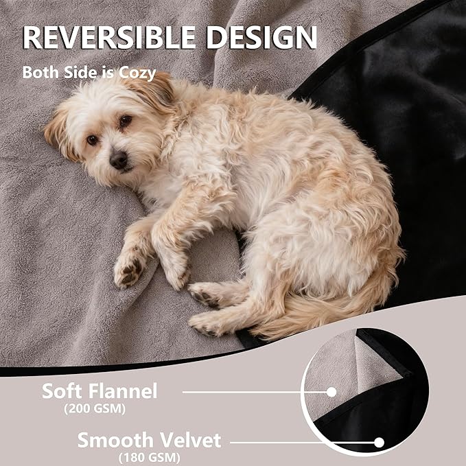 Waterproof Dog Blanket for Couch, Reversible Pet Throw Blankets Leak Proof Sofa Bed Protector for Furniture Machine Washable-68x82,Black+Lightgrey