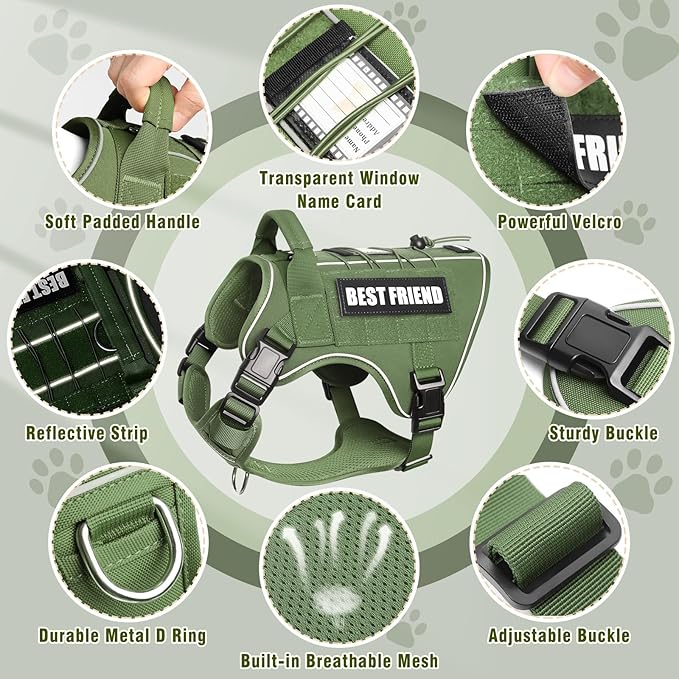 Tactical Dog Harness Small Sized Dog,No Pull Military Dog Vest with Handle,Reflective Heavy Duty Pet Harness for Walking Hiking Training Green S
