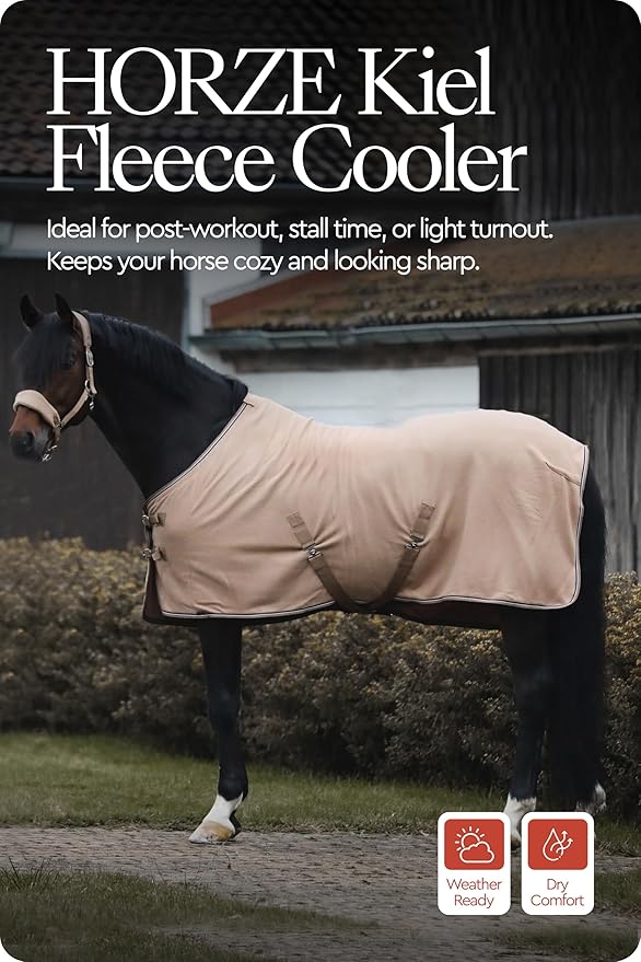 HORZE Kiel Fleece Horse Cooler Blanket | Quick-Dry Fleece Horse Cooler Sheet with X-Surcingles & Tail Cord - Tan - 81 in
