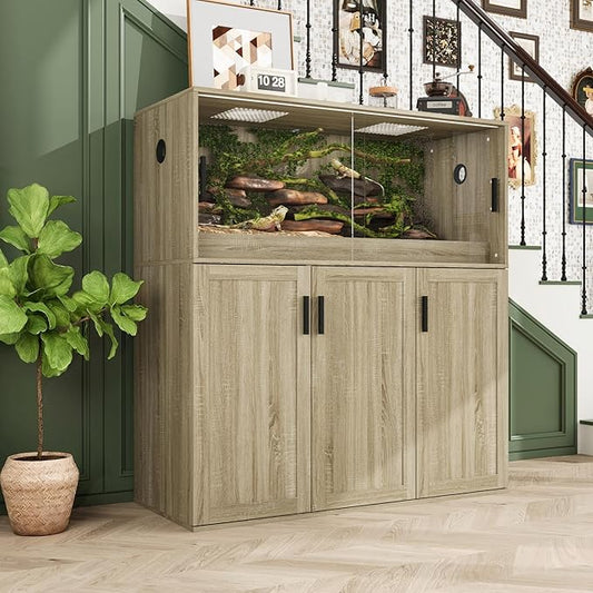 Terrarium Stand, Bearded Dragon Cage, Reptile Tank Stand Enclosure, Terrarium Table with Tempered Glass, Ventilation Holes and 2 Cabinets for Living Room, Light Oak Color