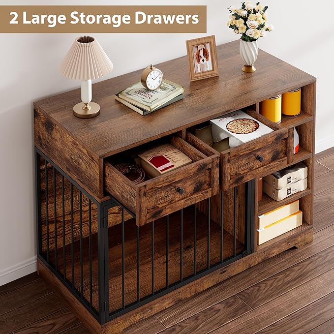 Dog Crate Furniture 47?? Large Dog Crate TV Stand with 2 Drawers and 4 Shelves, Wooden Dog Kennel Indoor, Decorative Dog Cage with Storage for Large Dogs, Brown