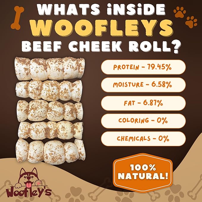 Woofley's 5-6" Bully Dusted Beef Cheek Roll - (5 Count)- Beef Cheek Rolls for Dogs - Long Lasting Natural Dog Chews