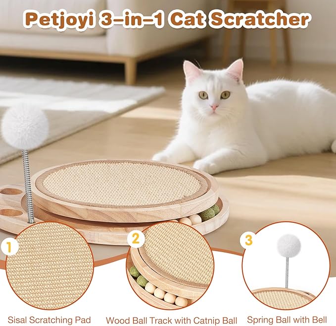 Cat Scratcher with Natural Sisal Pad, 3-in-1 Cat Scratching Board, 2-Tier Kitten Toys with Wooden Ball Track & Spring Ball -No Assembly Cats Activity Center, for Indoor and Outdoor